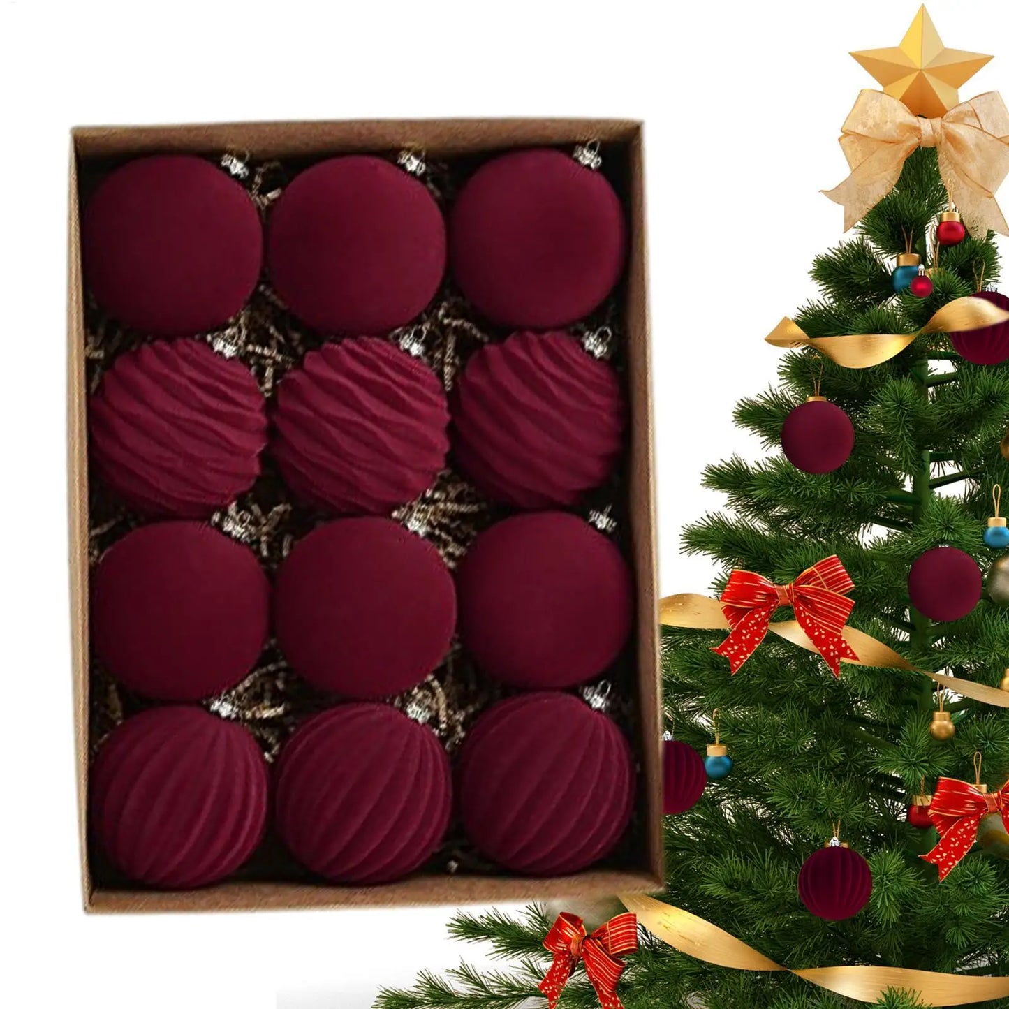 Velvet Flocked Christmas Ornaments – 12-Piece Elegant Tree Ball Set