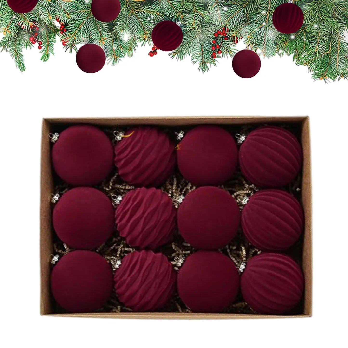 Velvet Flocked Christmas Ornaments – 12-Piece Elegant Tree Ball Set