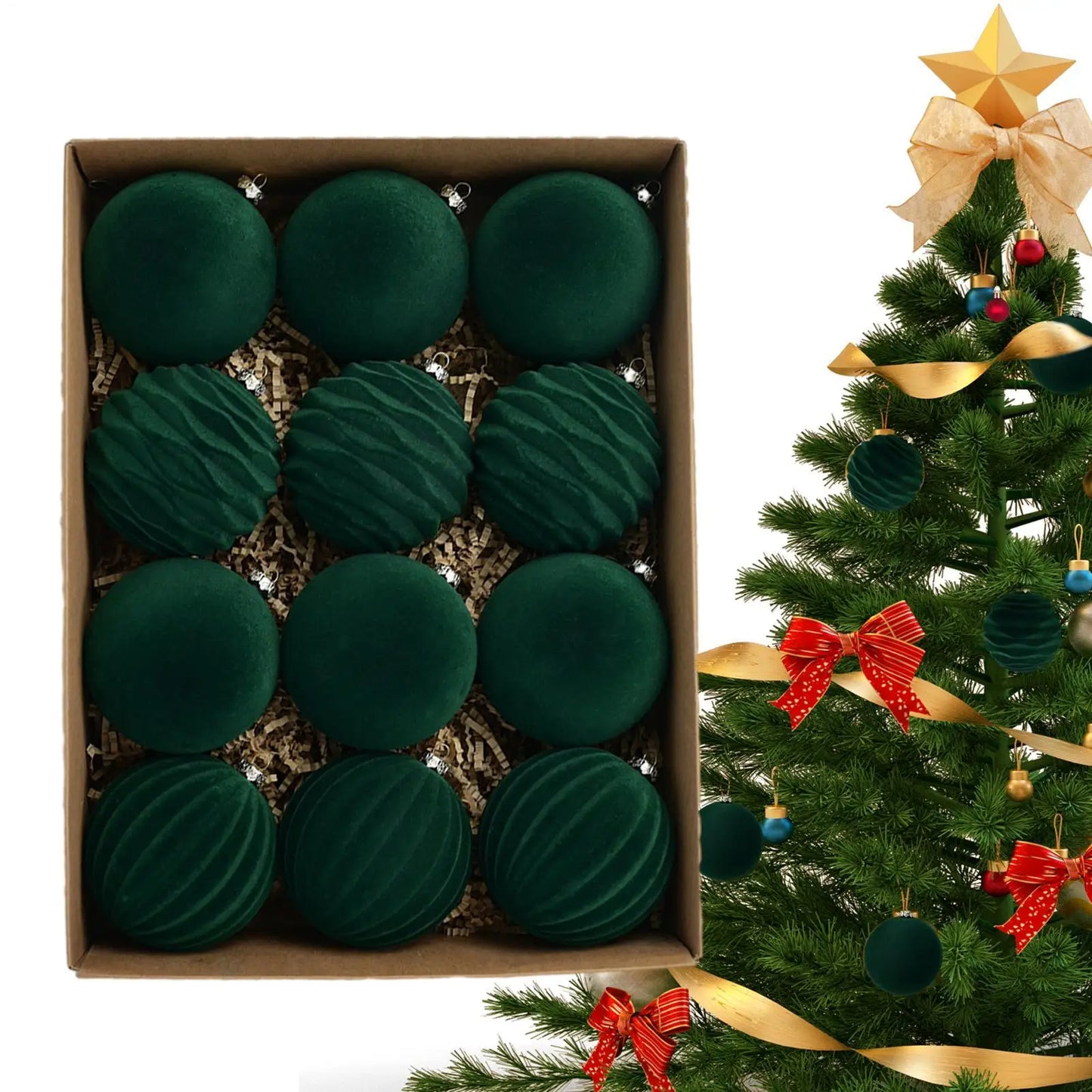 Velvet Flocked Christmas Ornaments – 12-Piece Elegant Tree Ball Set